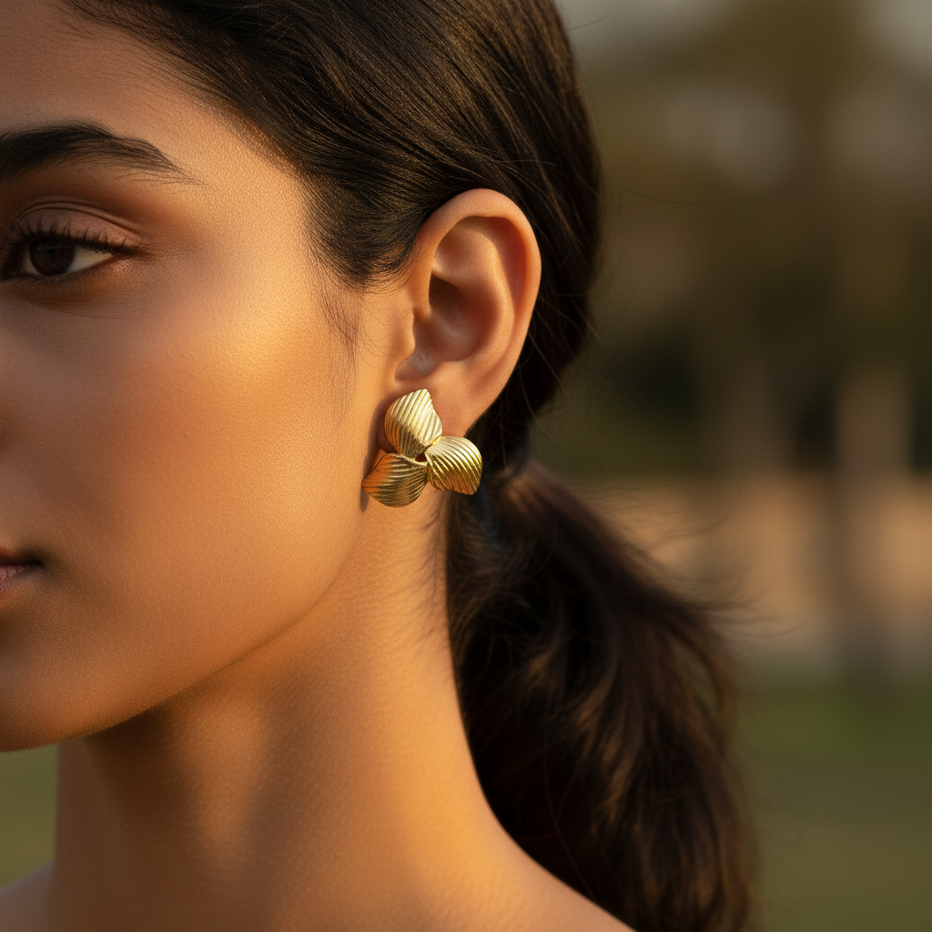 Gold Petal Bloom Earrings Indian ear close-up — waterproof gold floral studs India — SIOBHÁN