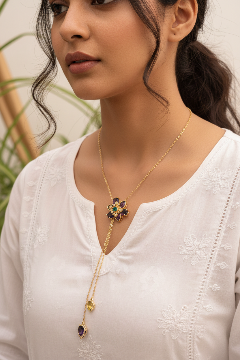 Bohemian Crystal Flower Necklace close-up — anti-tarnish necklace India — SIOBHÁN