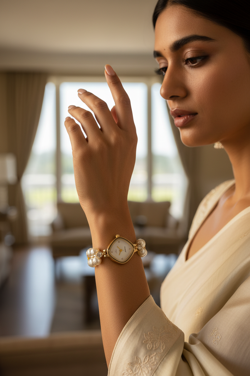 Indian model wearing Pearl Luxe Watch checking time — anti-tarnish fashion watch India — SIOBHÁN