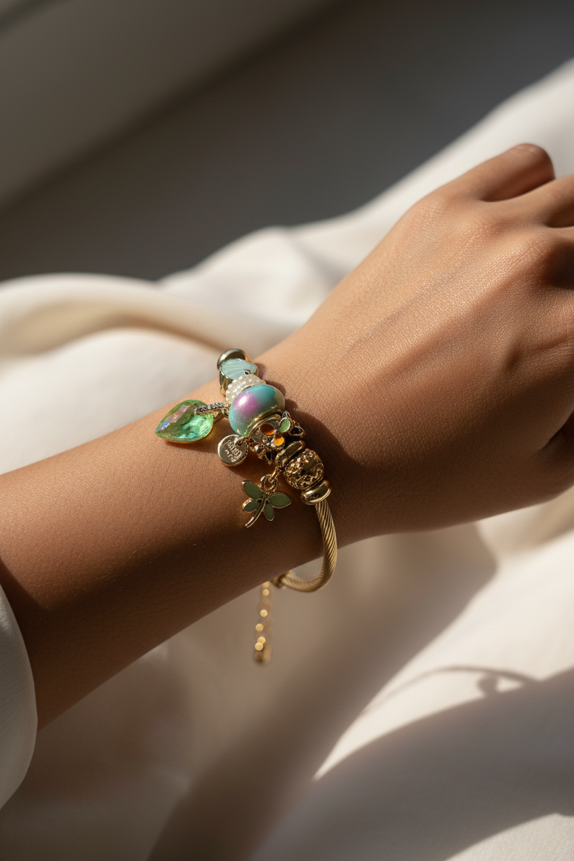 Indian model wearing Aurora Garden Charm Cuff editorial style — anti-tarnish cuff bracelet India — SIOBHÁN