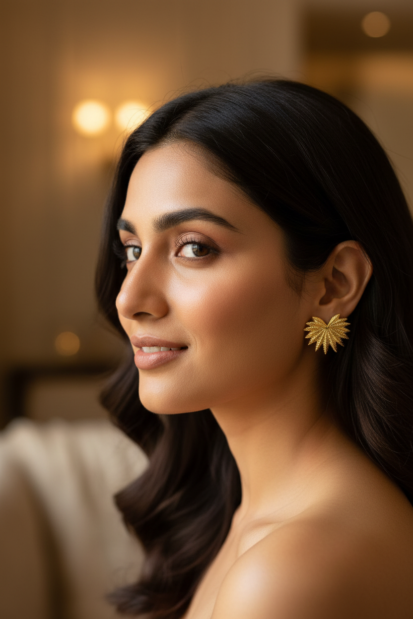 Indian model wearing Golden Palm Leaf Stud editorial style — anti-tarnish leaf earrings India — SIOBHÁN