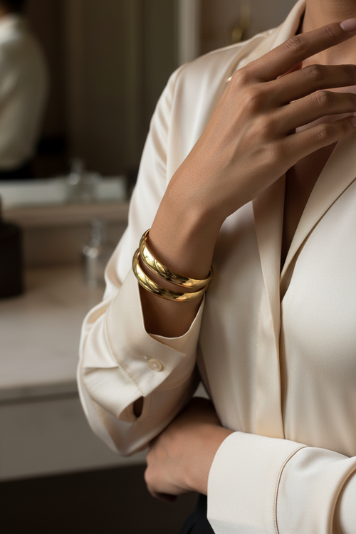 Indian model wearing Double Band Gold Cuff Bracelet editorial style — waterproof bracelet India — SIOBHÁN