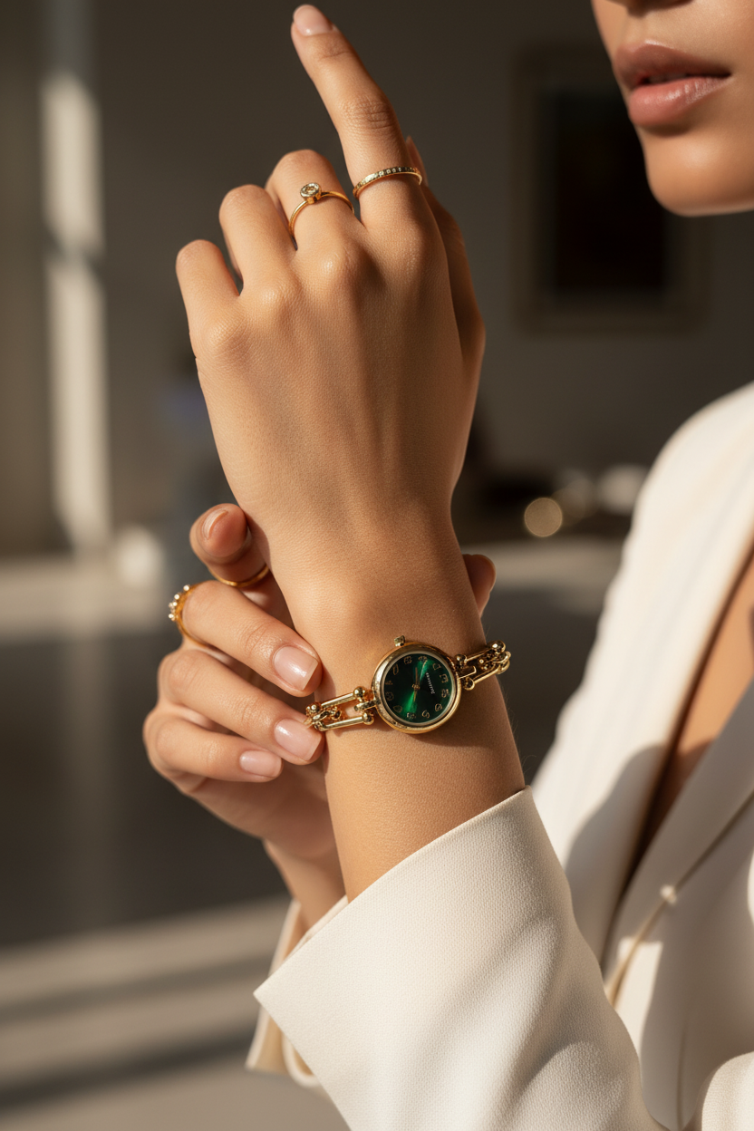 Indian model wearing Vintage Emerald Link Chain Watch editorial style — anti-tarnish fashion watch India — SIOBHÁN