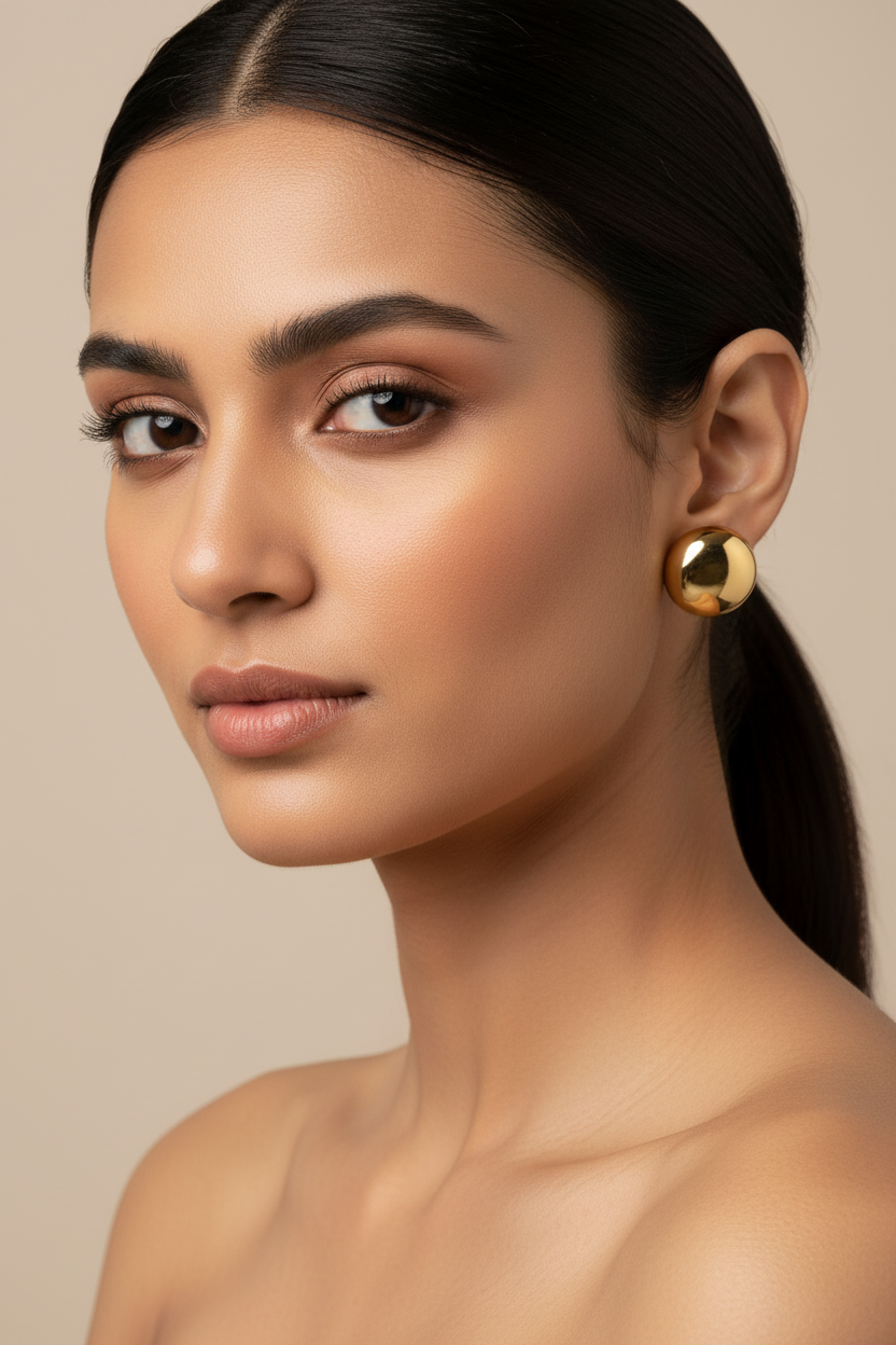 Indian model wearing Gold Dome Stud Earrings — anti-tarnish gold studs India — SIOBHÁN