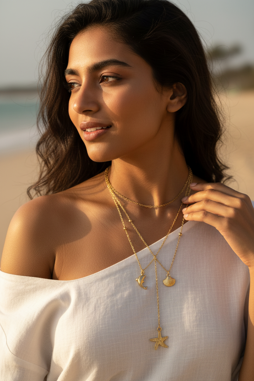 Indian model wearing Mermaid Layered Necklace — anti-tarnish layered necklace India — SIOBHÁN