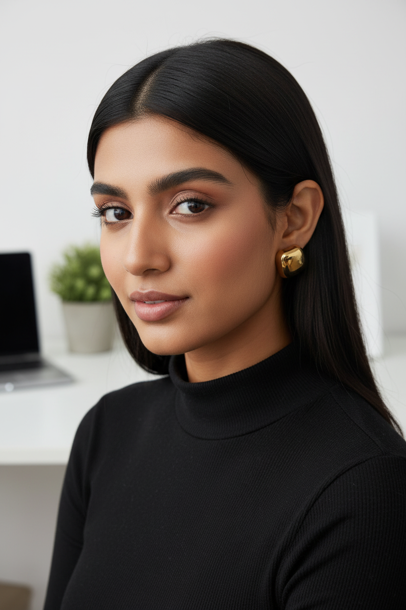 Indian woman wearing Gold Dome Studs in black turtleneck at workspace — anti-tarnish gold earrings India — SIOBHÁN
