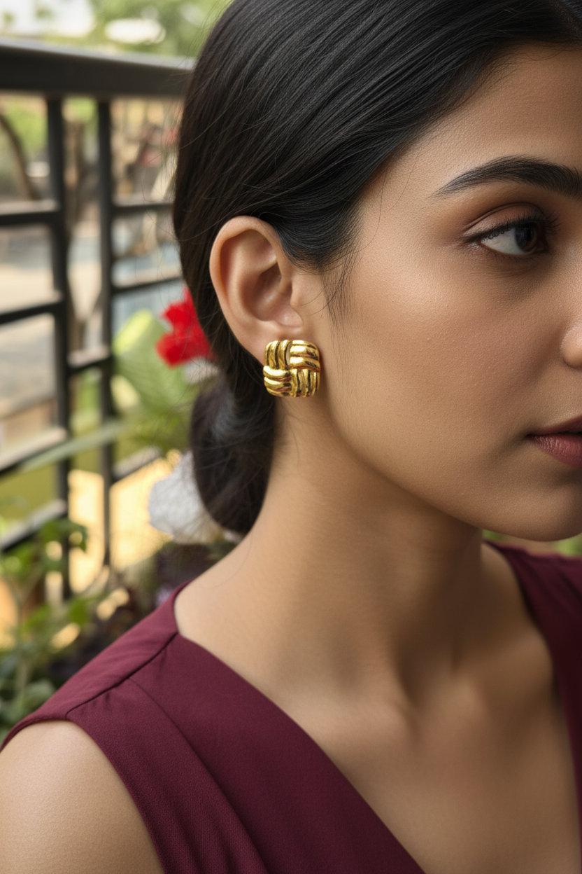 Vintage Knot Gold Earrings on burgundy background — waterproof gold earrings India — SIOBHÁN