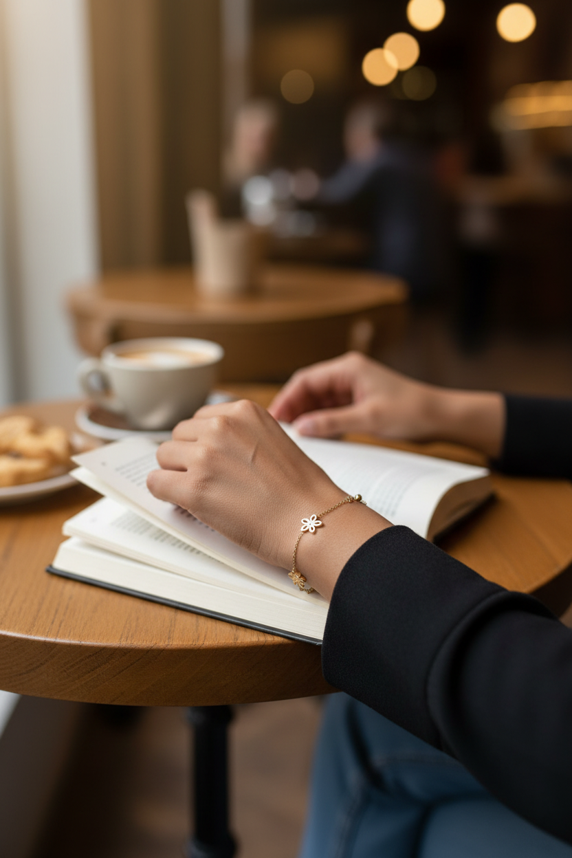 Gold Floral Diamond Bracelet café lifestyle shot — anti-tarnish floral bracelet India — SIOBHÁN
