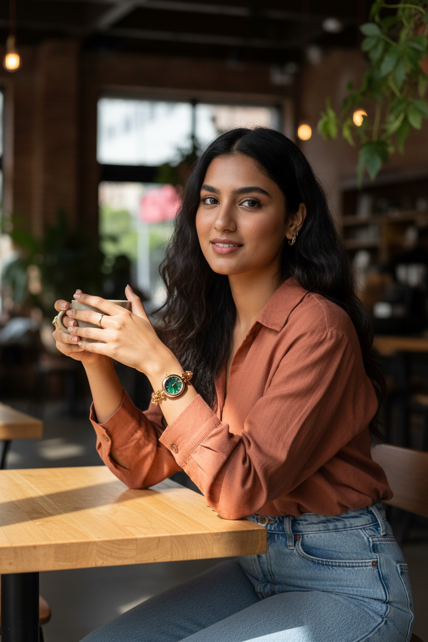 Vintage Emerald Link Chain Watch lifestyle contemporary wear — skin-safe watch India — SIOBHÁN