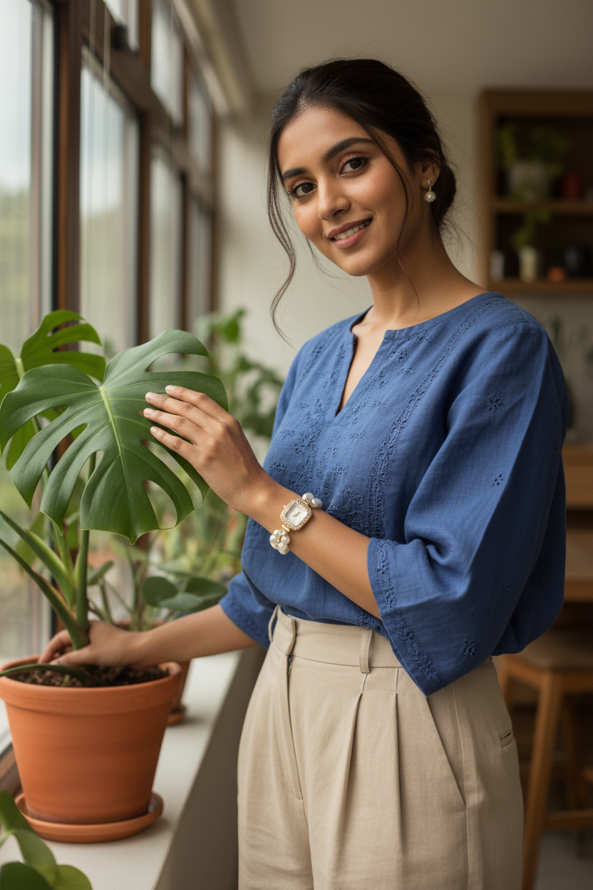 Pearl Elegance Bracelet Watch lifestyle contemporary wear — skin-safe watch India — SIOBHÁN