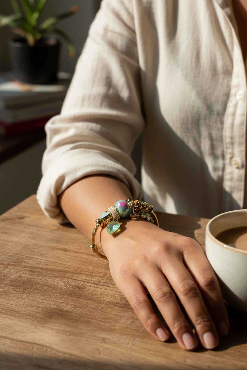Aurora Garden Charm Cuff lifestyle everyday wear — skin-safe gold bracelet India — SIOBHÁN