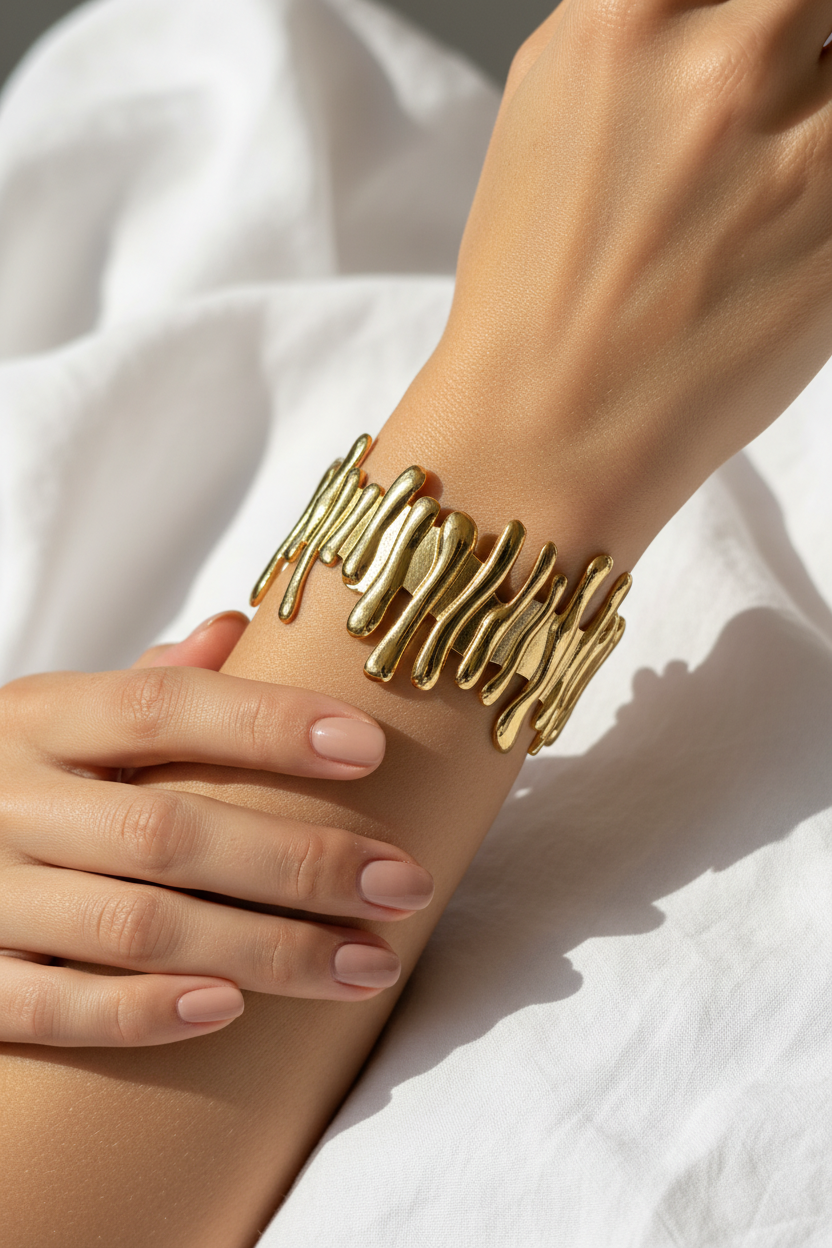 The Molten Cuff lifestyle wrist shot — waterproof gold cuff bracelet India — SIOBHÁN
