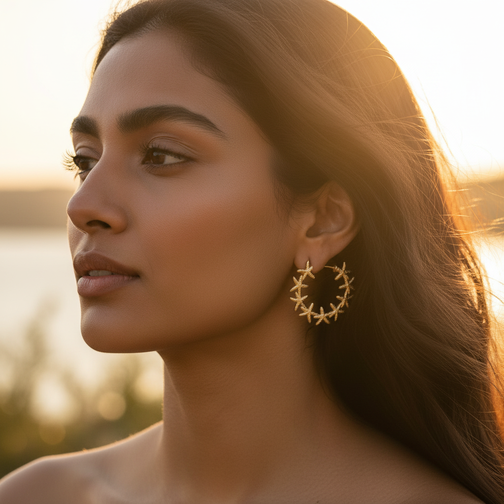 Model wearing Starfish Hoop Earrings — anti-tarnish fashion earrings India — SIOBHÁN