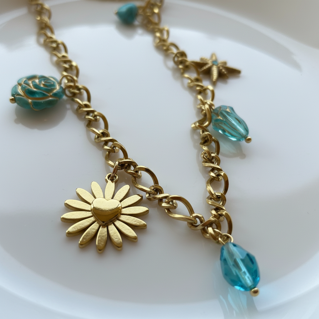 Turquoise Bloom Charm Necklace macro close-up chain and charm details — waterproof necklace India — SIOBHÁN