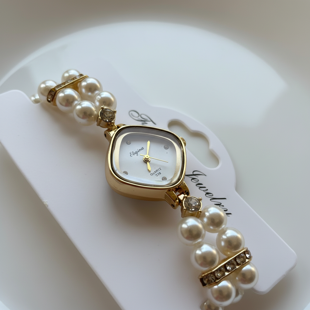 Pearl Luxe Watch macro close-up pearl and crystal details — anti-tarnish pearl watch India — SIOBHÁN