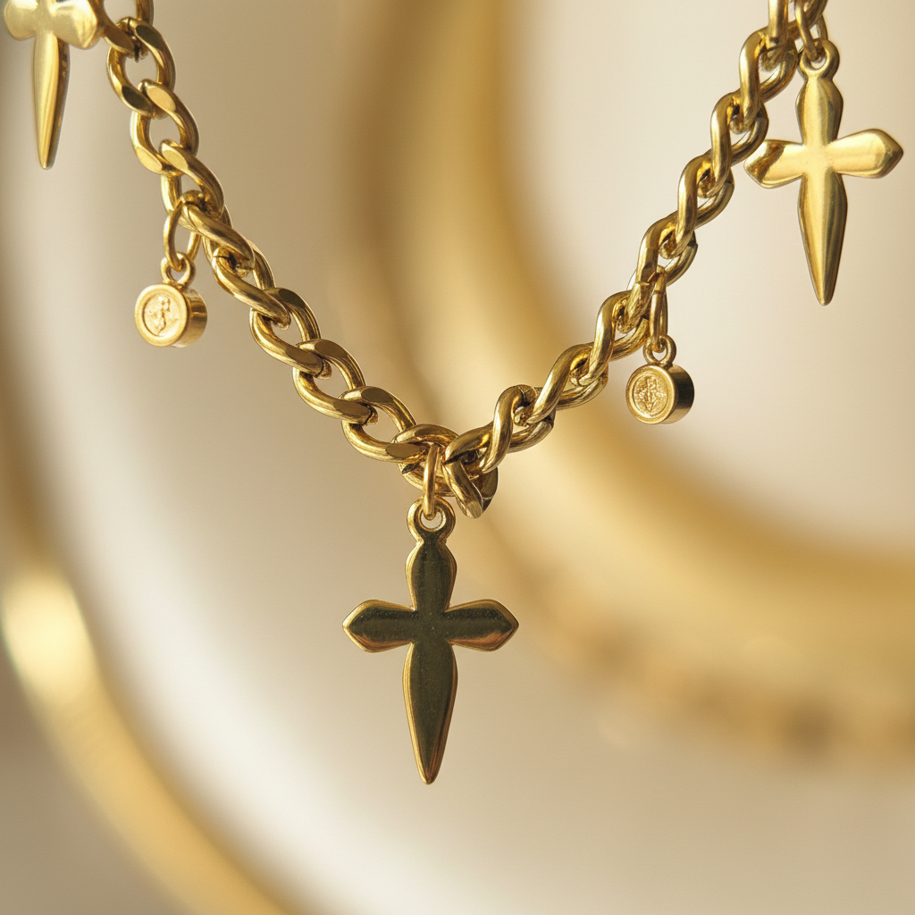 Gold Cross Diamond Studded Necklace macro close-up chain and cross details — anti-tarnish necklace India — SIOBHÁN