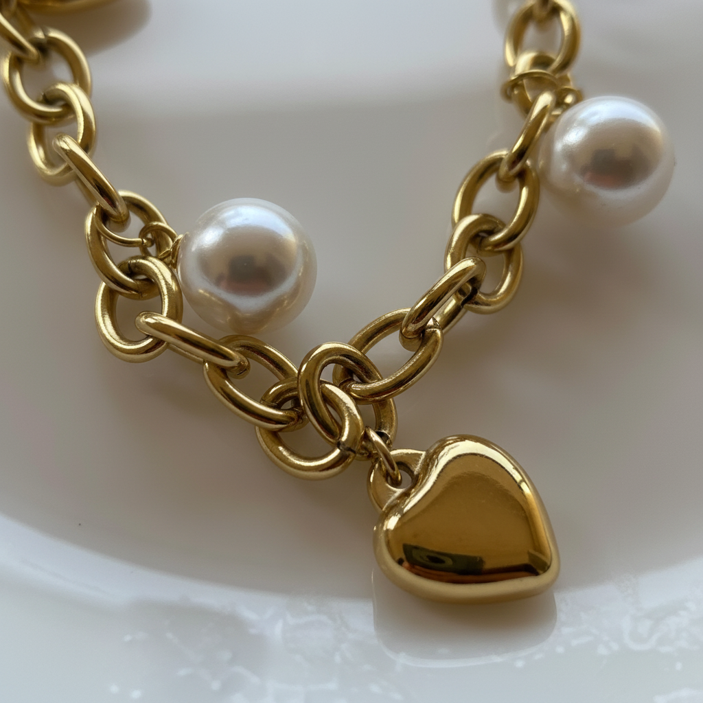 Golden Heart & Pearl Charm Necklace macro detail hearts and pearls — anti-tarnish necklace India — SIOBHÁN