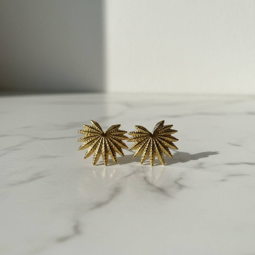 Golden Sunburst Studs on marble — anti-tarnish gold stud earrings India — SIOBHÁN