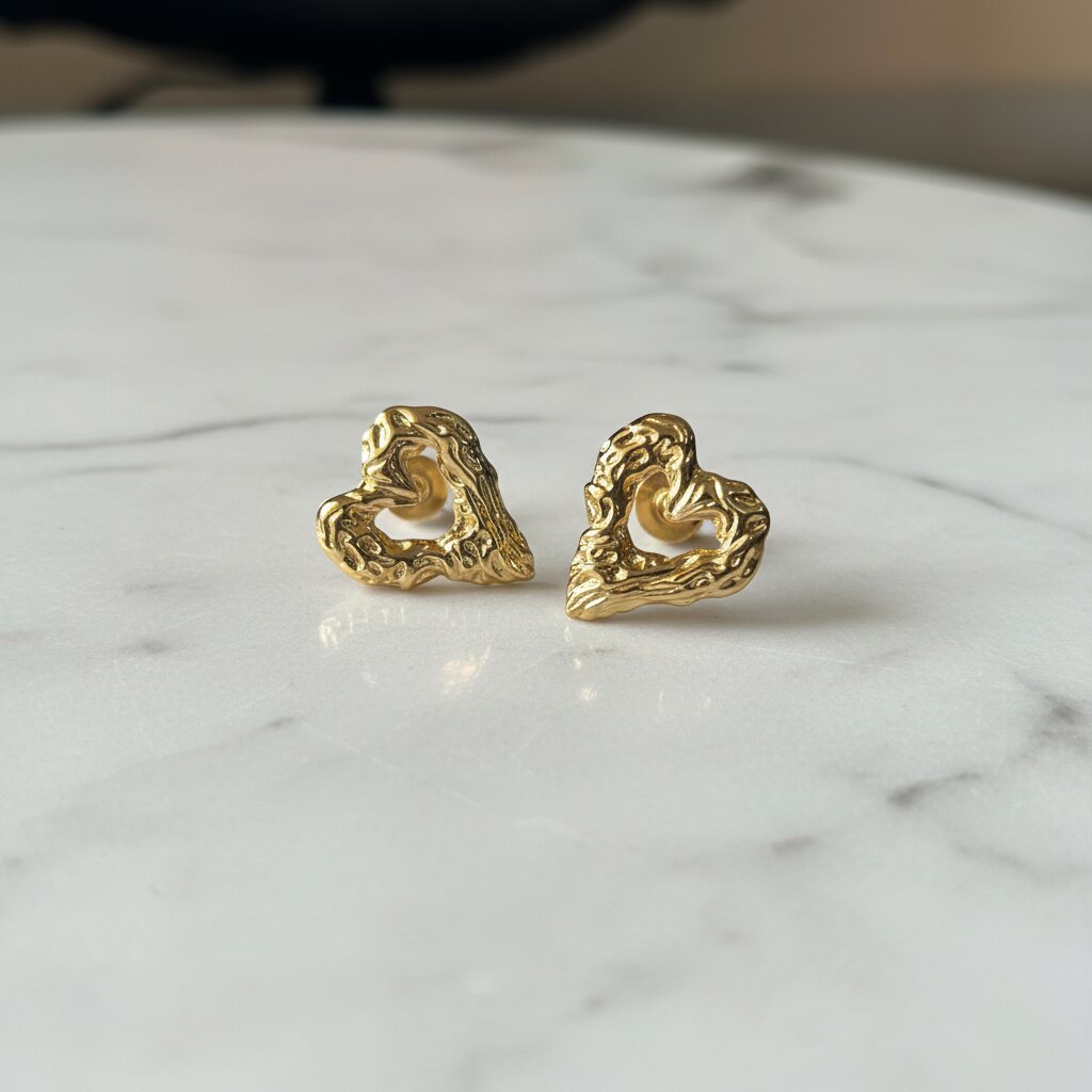 Molten Heart Studs marble surface styled shot — anti-tarnish gold heart earrings India — SIOBHÁN