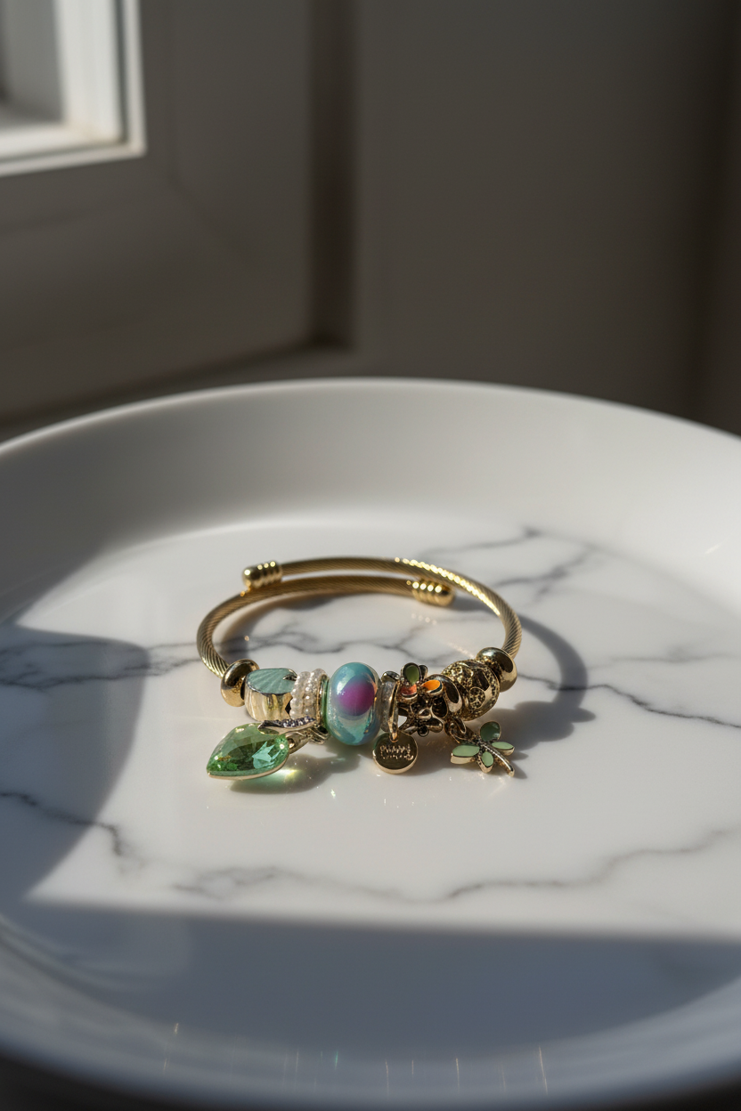 Aurora Garden Charm Cuff minimalist marble surface — waterproof charm cuff India — SIOBHÁN