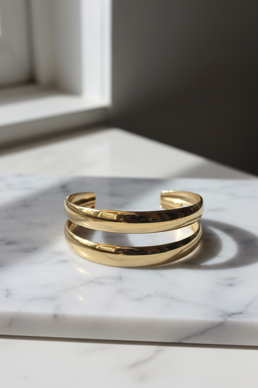 Double Band Gold Cuff Bracelet on minimalist marble surface — anti-tarnish gold bracelet India — SIOBHÁN