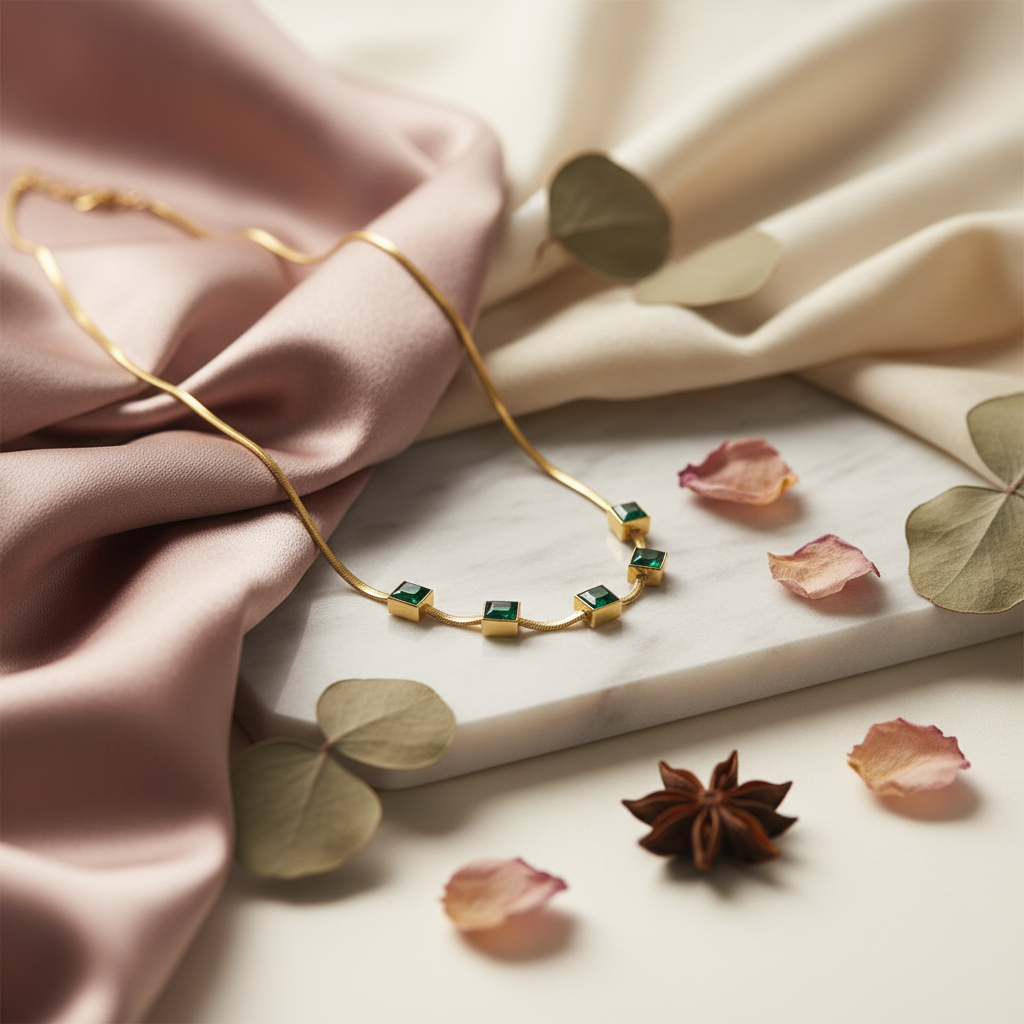 Square Green Zircon Gold Chain minimalist styled environment — waterproof gold necklace India — SIOBHÁN