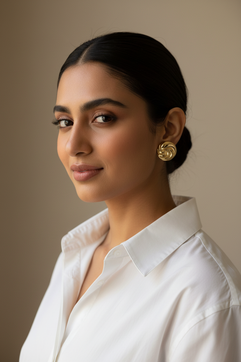 Golden Swirl Studs minimalist white shirt with sleek bun — skin-safe gold earrings India — SIOBHÁN