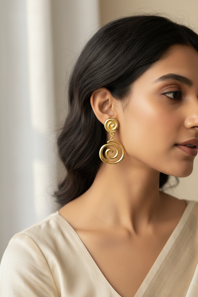 Model wearing Swirl Spiral Drop Earrings — waterproof gold drop earrings India — SIOBHÁN