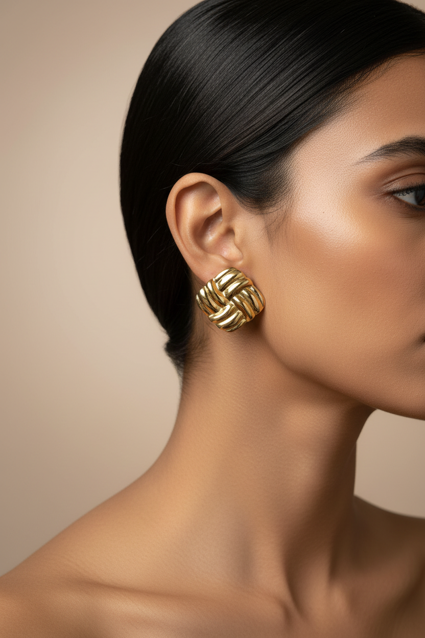 Model wearing Vintage Knot Gold Earrings — anti-tarnish fashion earrings India — SIOBHÁN