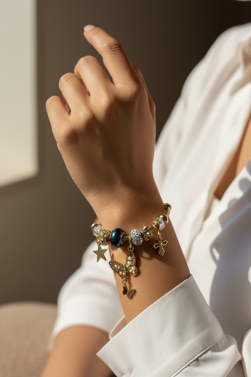 Model wearing Celeste Butterfly Charm Bracelet editorial style — skin-safe gold bracelet India — SIOBHÁN