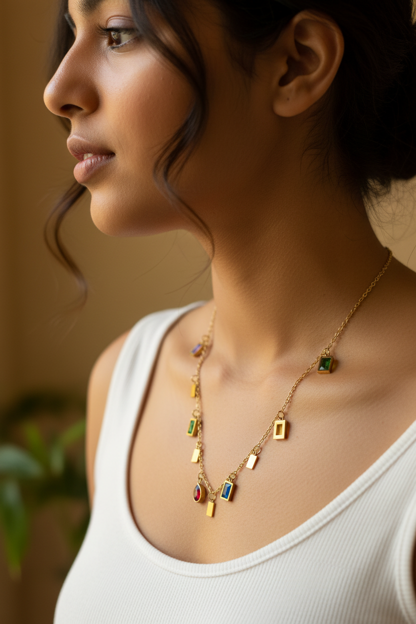 Model wearing Multicolor Gem Charm Necklace showing exact colour positions — waterproof necklace India — SIOBHÁN
