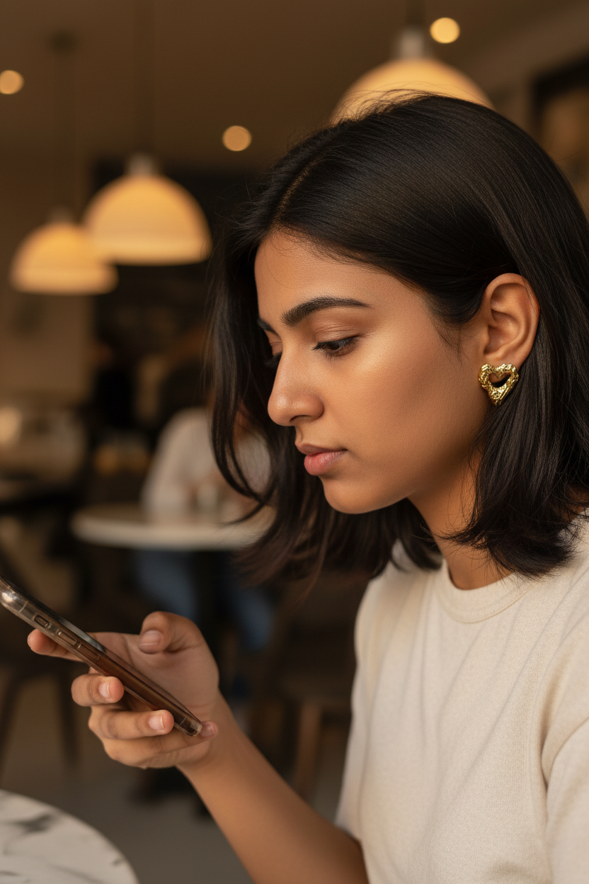 Molten Heart Studs café lifestyle with phone — waterproof heart studs India — SIOBHÁN