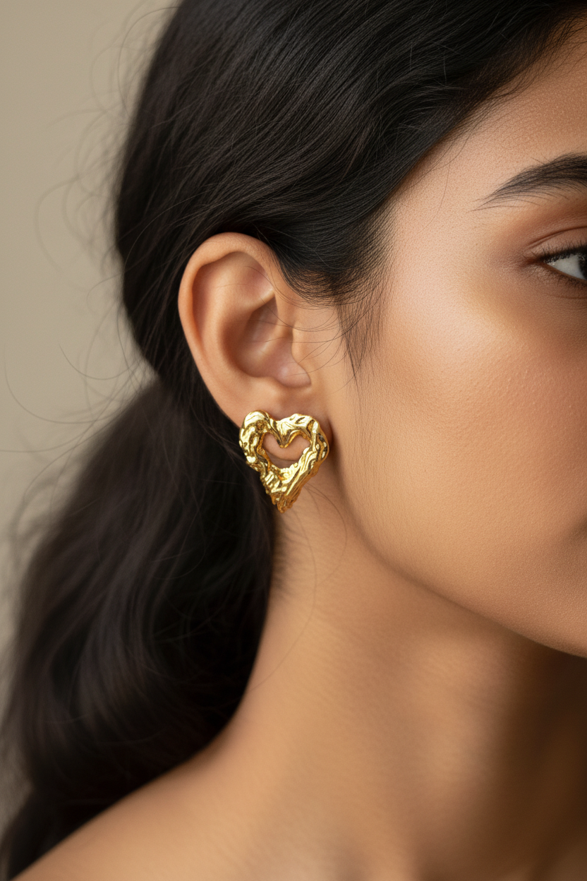 Molten Heart Studs candid lifestyle shot — anti-tarnish gold earrings India — SIOBHÁN