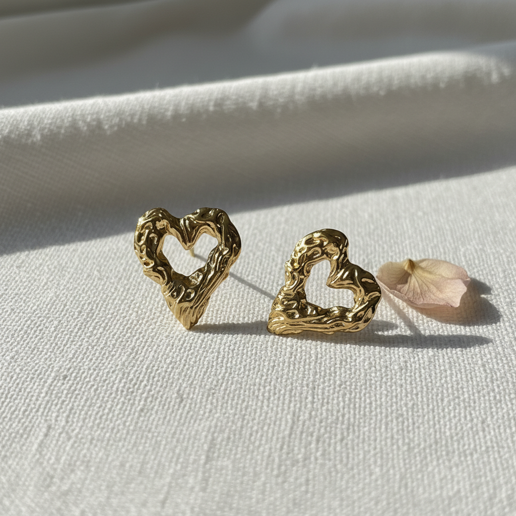 Molten Heart Studs linen editorial shot — skin-safe gold heart studs India — SIOBHÁN