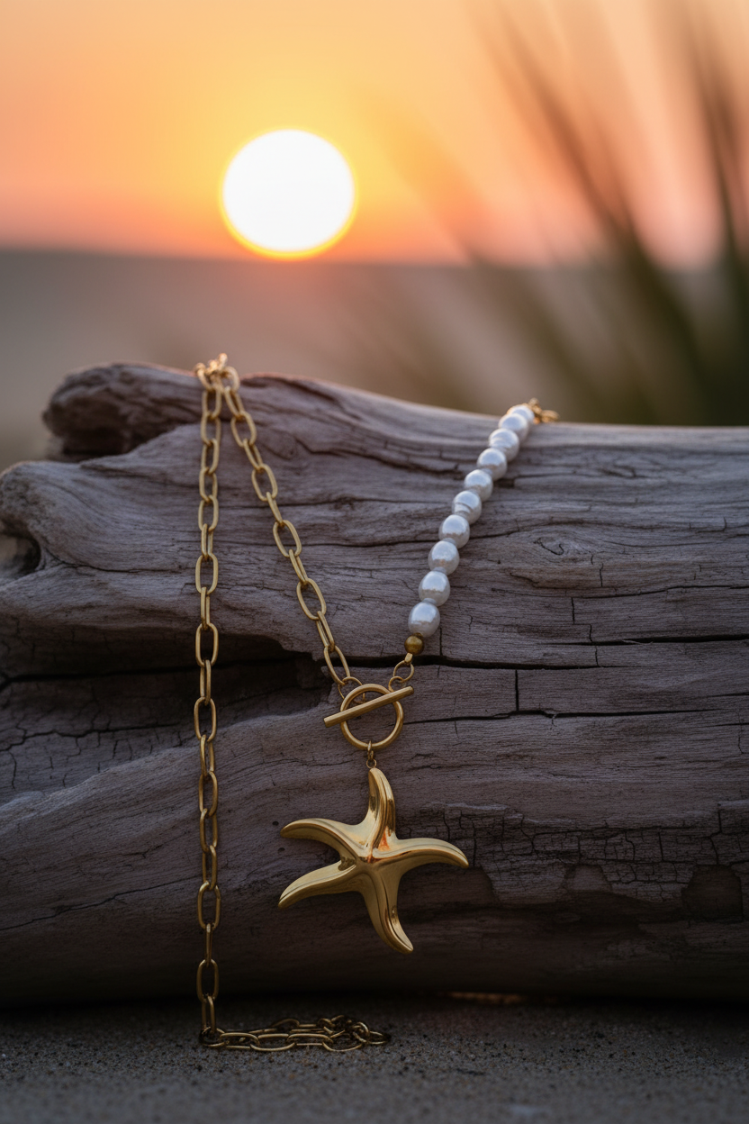 Ocean Star Pearl Chain Necklace on moody driftwood with sunset glow — anti-tarnish gold necklace India — SIOBHÁN
