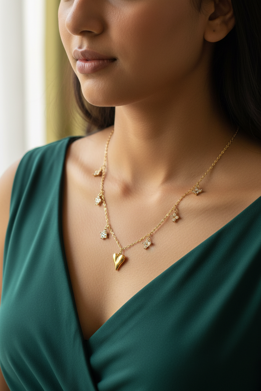 Floral Heart Charm Necklace with navy emerald dress — anti-tarnish floral necklace India — SIOBHÁN