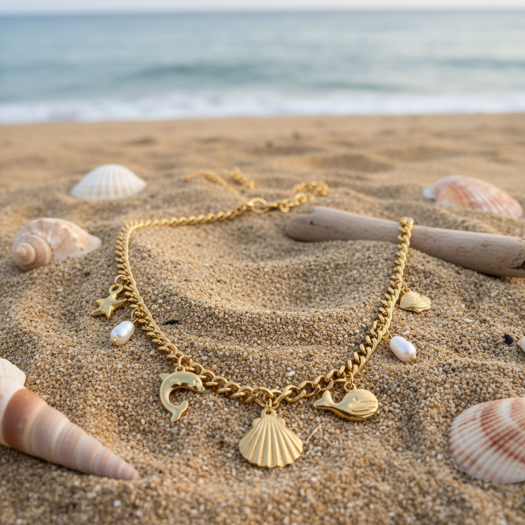 Ocean Luxe Charm Necklace on sand with seashells — anti-tarnish gold necklace India — SIOBHÁN