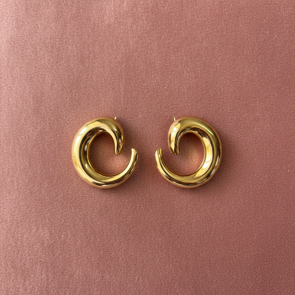 Aurora Crescent Hoops overhead flat lay — anti-tarnish gold hoops India — SIOBHÁN