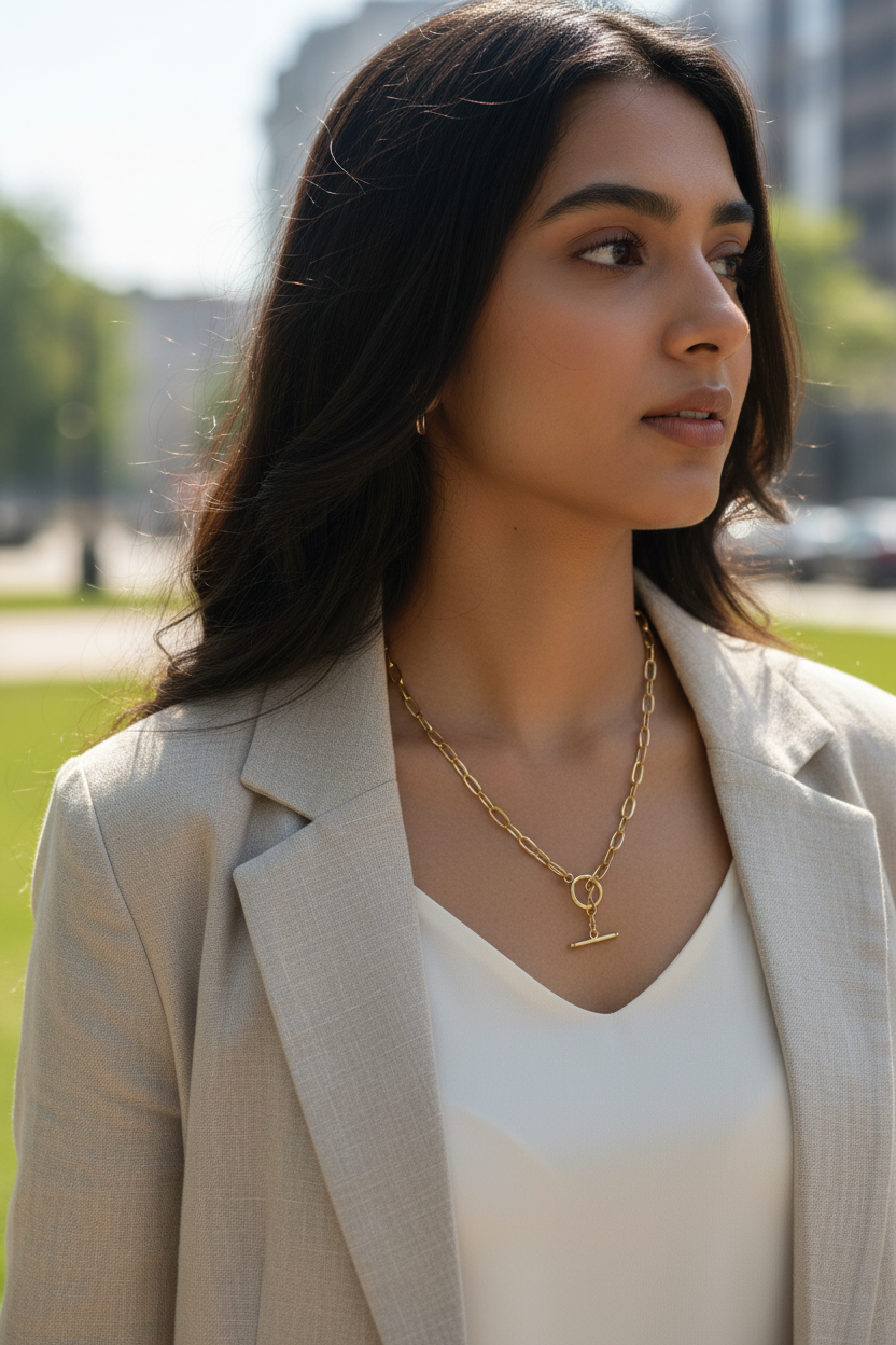 Gold Paperclip Chain Necklace with T-Bar Toggle