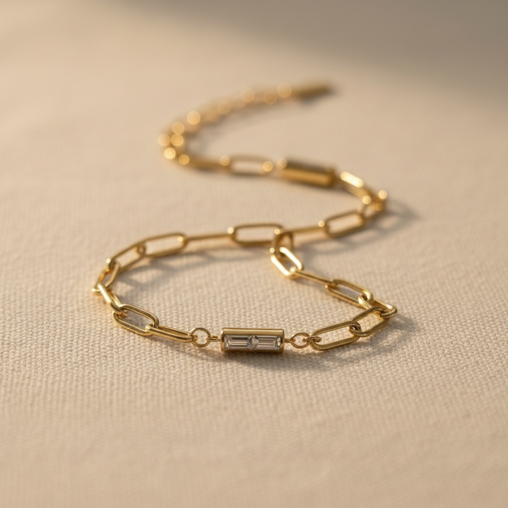 Gold Paperclip Chain Bracelet with Baguette Crystal Stations