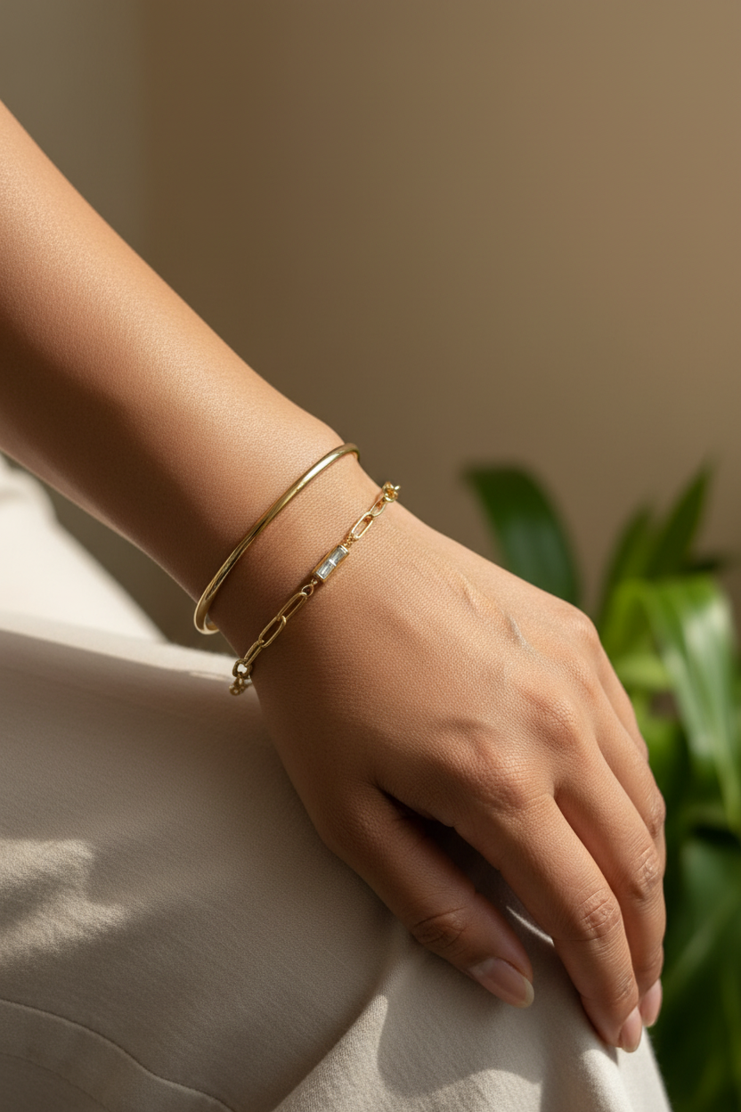 Gold Paperclip Chain Bracelet with Baguette Crystal Stations
