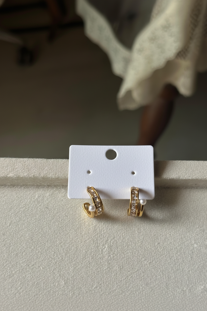 Gold CZ Channel & Pearl Huggie Hoops