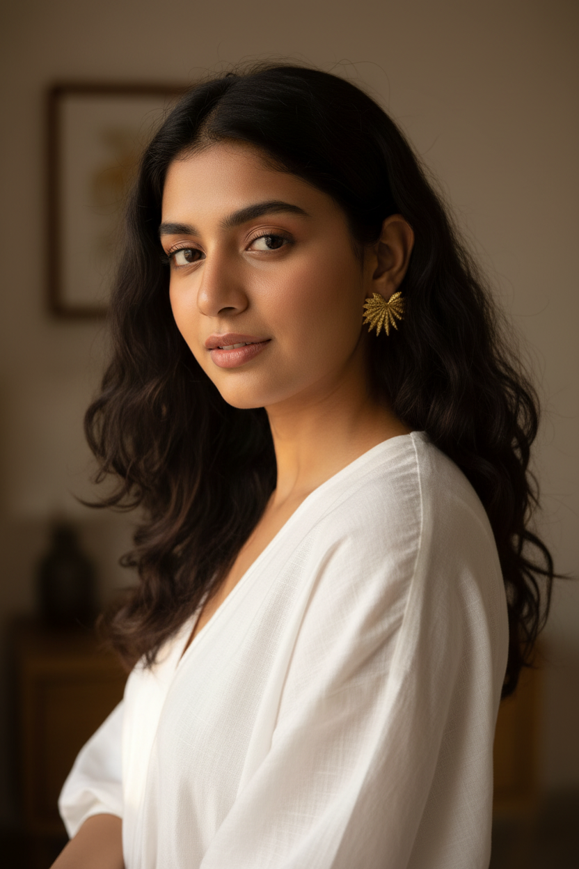 Golden Sunburst Studs portrait lifestyle — anti-tarnish sunburst earrings India — SIOBHÁN