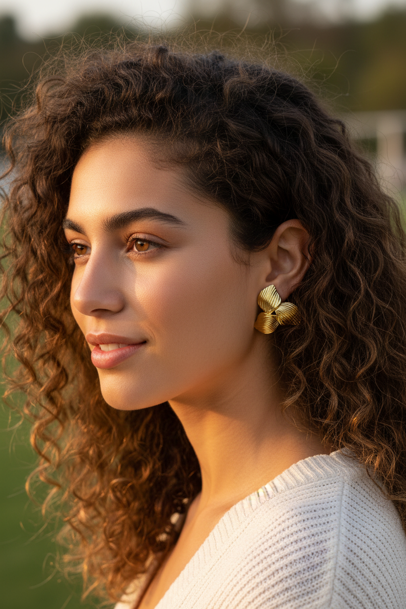 Gold Petal Bloom Earrings portrait lifestyle shot — anti-tarnish petal earrings India — SIOBHÁN