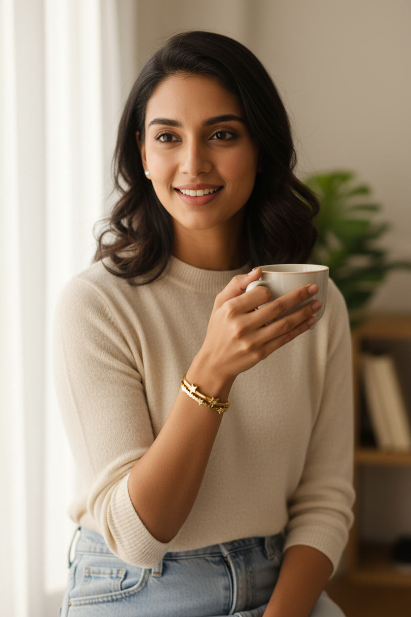 Star Double Band Bangle portrait casual setting — skin-safe gold bangle India — SIOBHÁN