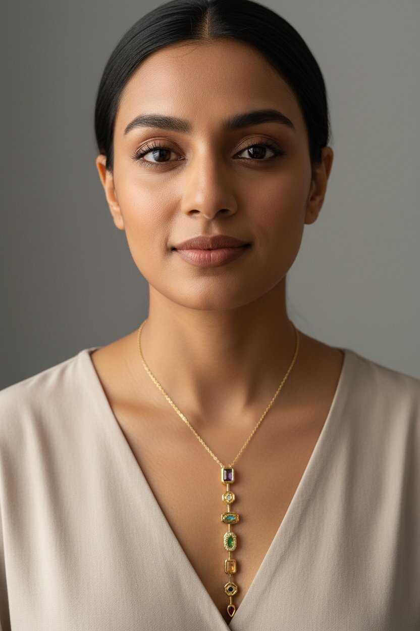 Portrait with Multi-Gemstone Vertical Pendant Necklace — anti-tarnish gemstone necklace India — SIOBHÁN
