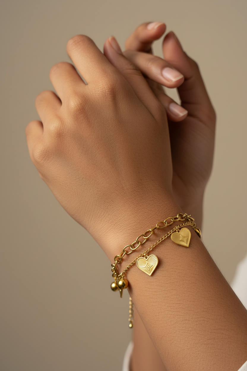 Double Chain Heart Charm Bracelet portrait close-up wrist shot — anti-tarnish heart bracelet India — SIOBHÁN