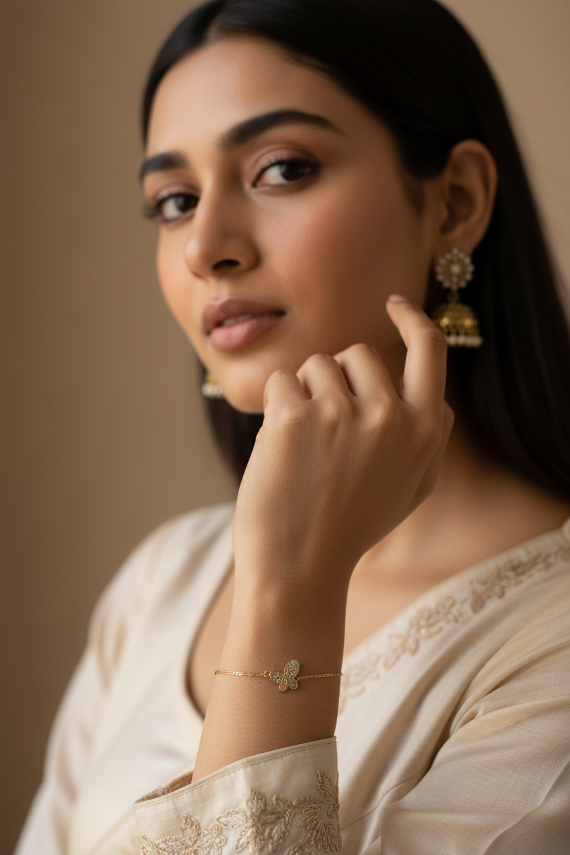 Crystal Butterfly Bracelet different angle portrait — anti-tarnish charm bracelet India — SIOBHÁN