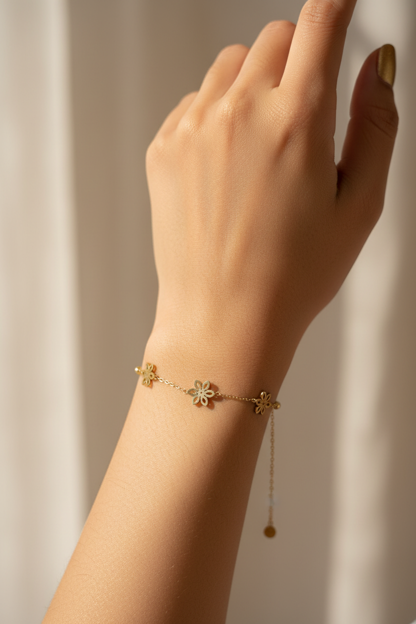 Portrait with Gold Floral Diamond Bracelet — waterproof gold bracelet India — SIOBHÁN