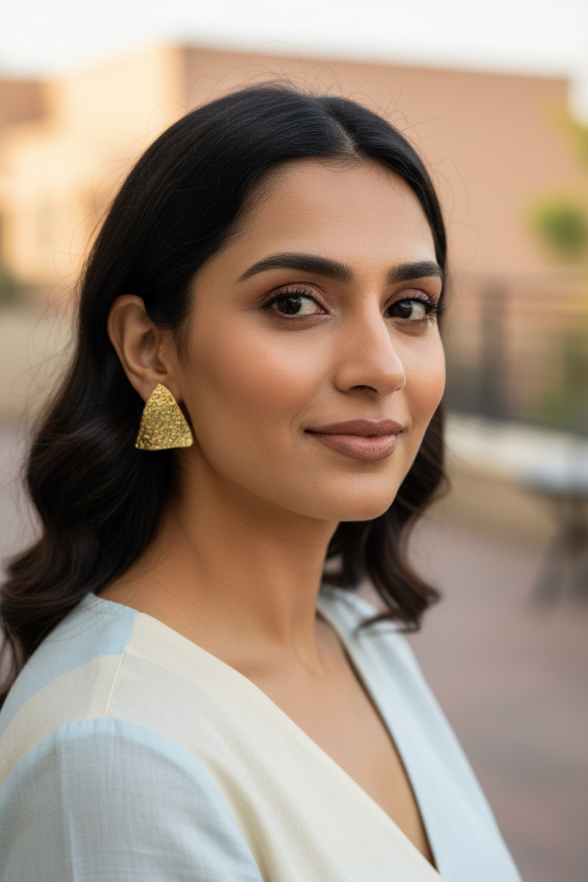 Portrait showcasing Textured Triangle Gold Studs — anti-tarnish triangle earrings India — SIOBHÁN